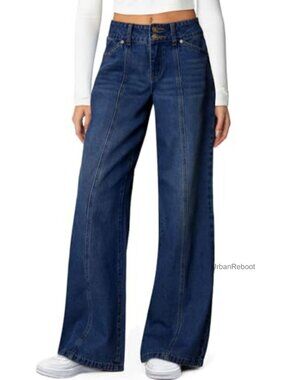High Waisted Wide Leg Stretchy Jeans - Seamed Front, Double Button, Comfy Denim